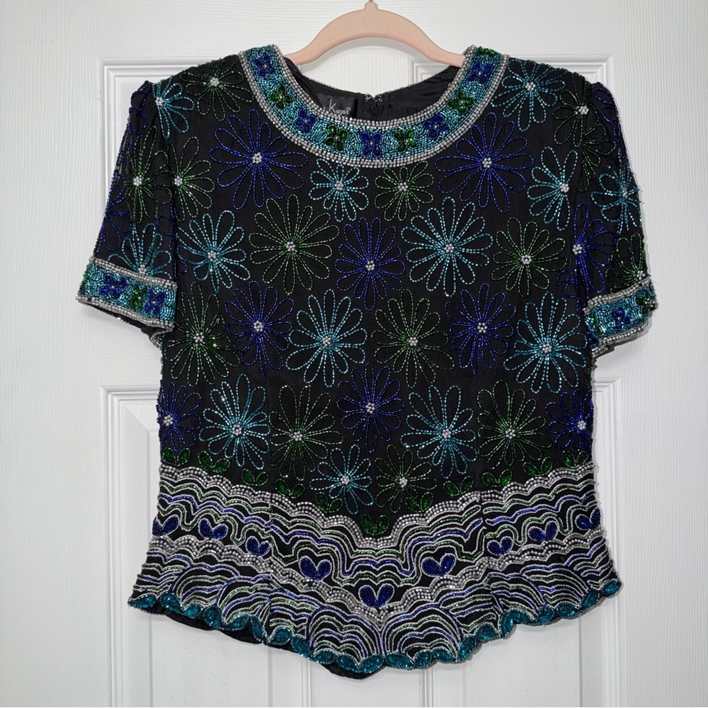 Vintage Laurence Kazar Black and Blue Beaded Floral Blouse